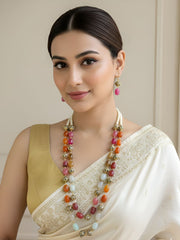 Long Semi Precious Gemstone Chalcedony Multicolor Beaded Necklace Set For Women
