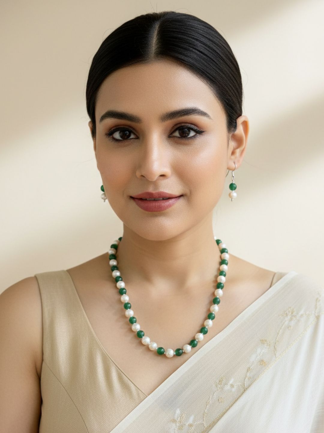 Single Strand Semi Precious Jade And Freshwater Real Pearls Necklace Set For Women