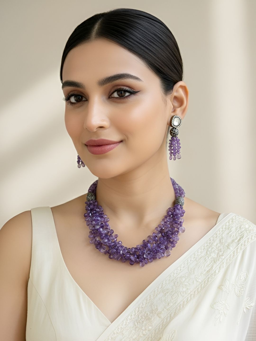 Designer Semi Precious Amethyst Teardrops Beaded Necklace Set For Women - Purple Beaded Jewelry