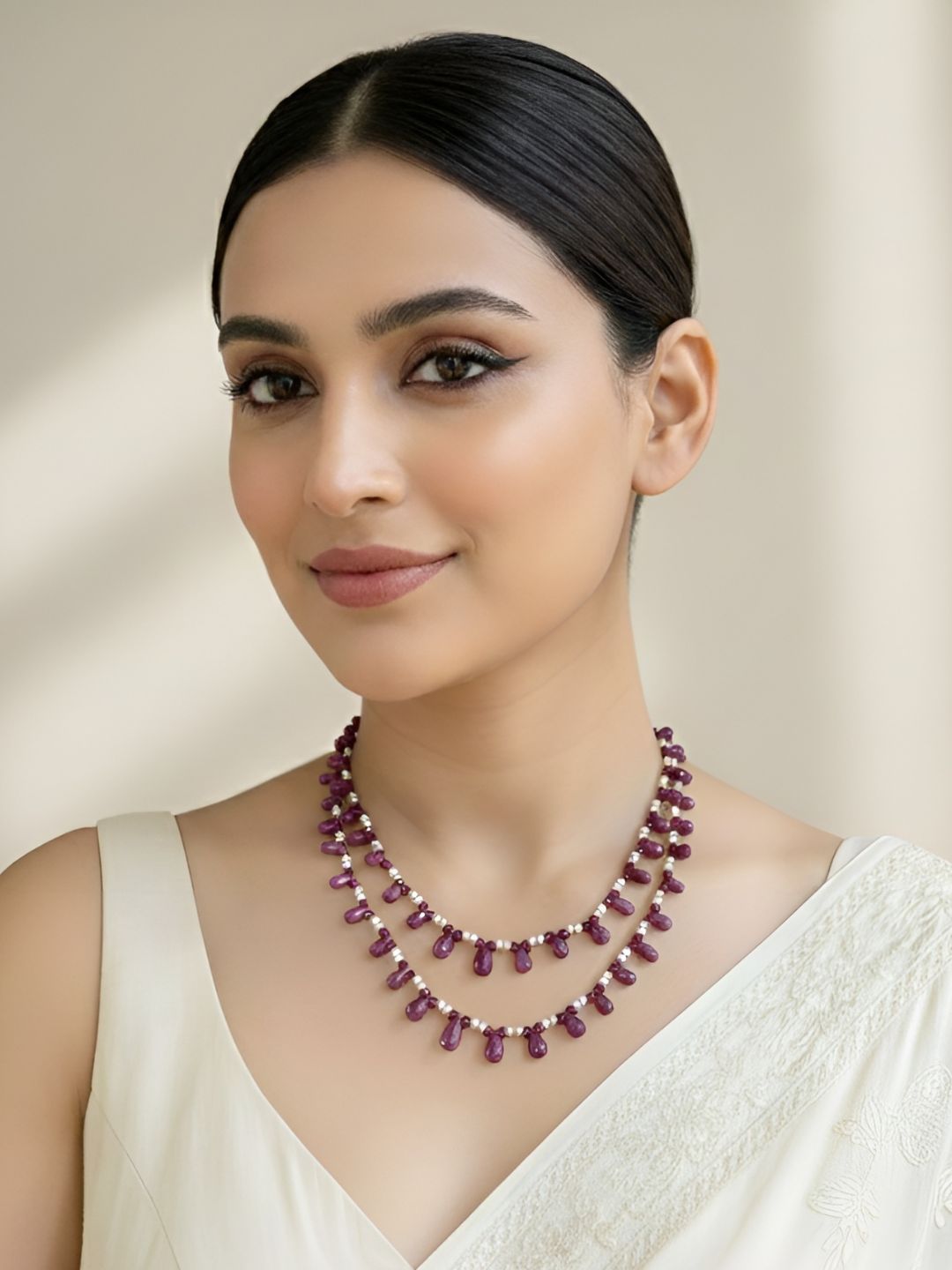 Real Freshwater Pearls And Faceted Real Ruby Teardrops  Beaded Necklace - Gemstones Jewellery