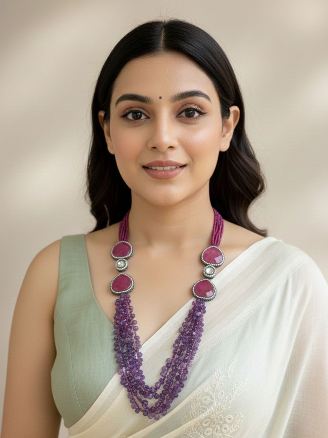 Elegant Long Pink Hydro And Amethyst Teardrops Beaded Necklace Set - Purple Beads Necklace