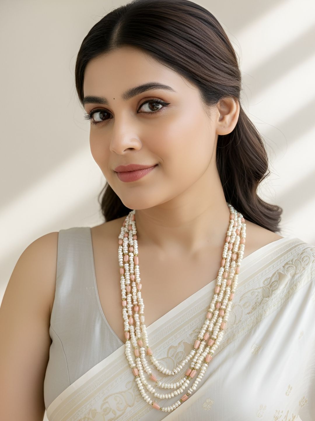 Layered Freshwater Real Hyderabadi Pearls Beaded Necklace With Tulip Flowers