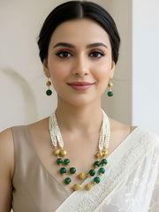 Semi Precious Green Pumpkin Beads And Natural Freshwater Pearls Beaded Necklace Set For Women