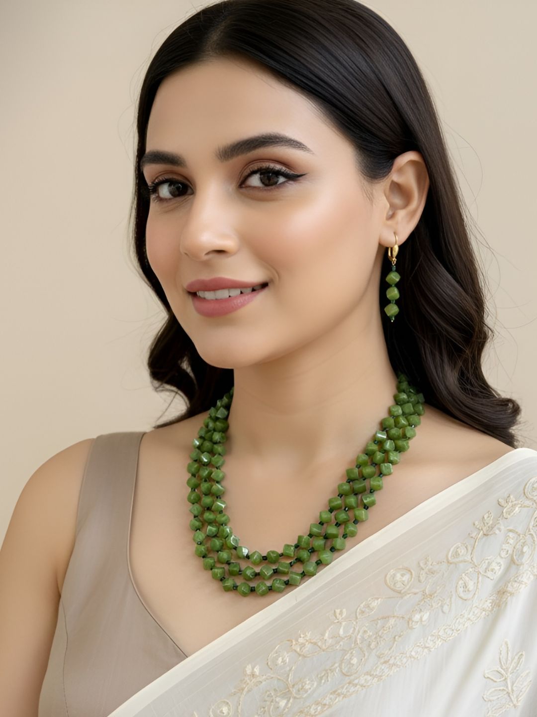 Elegant Triple Layered Green Beaded Necklace Set For Women - Perfect Saree Wear