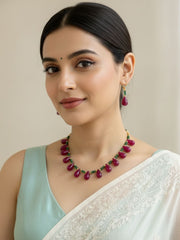 Semi Precious Ruby Red Jade Drops Beads Necklace With Earrings – Traditional Beaded Jewelry For Women