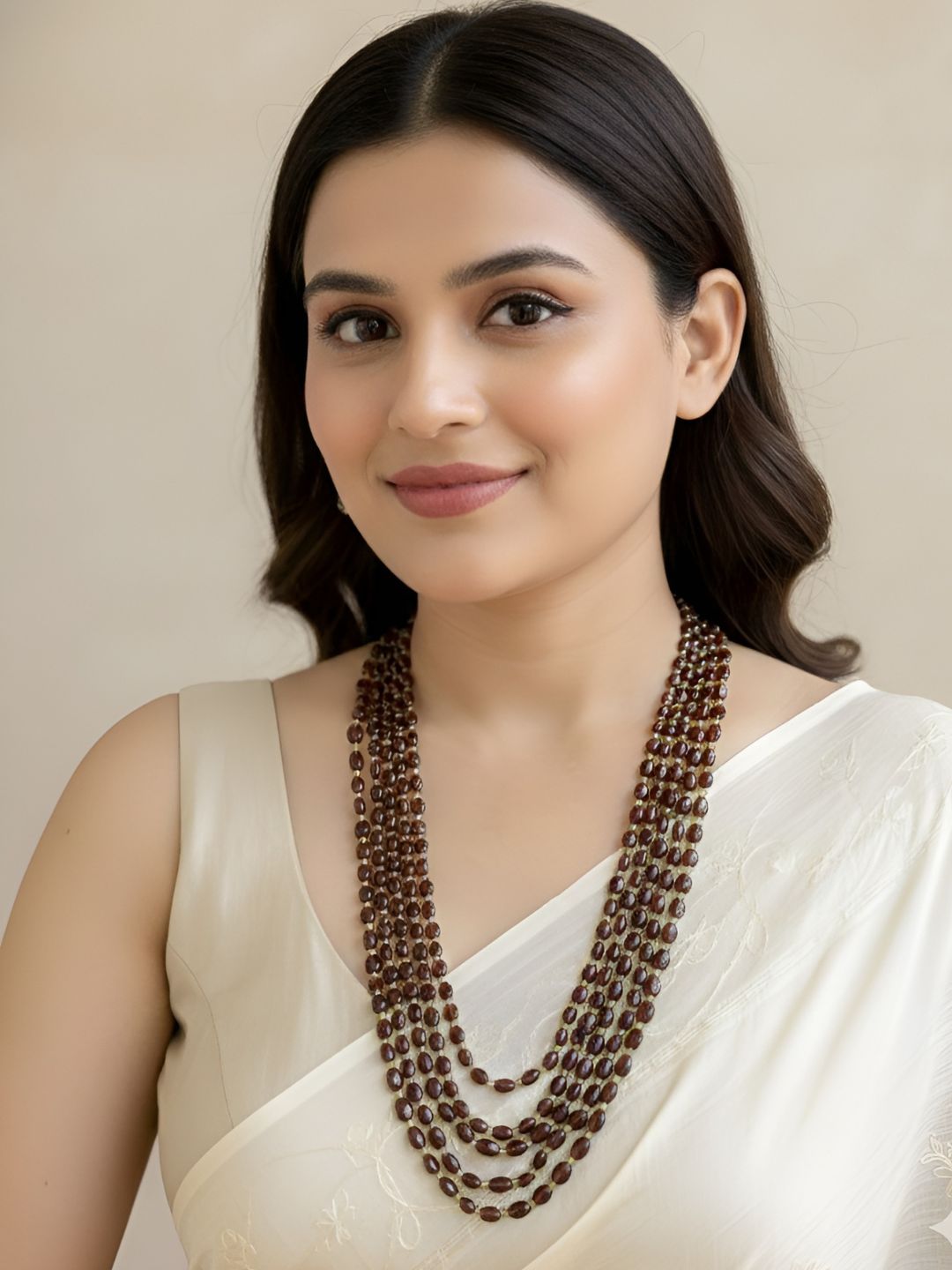 Multi Layered Semi Precious Gemstone Garnet Beads Necklace - Elegant Beaded Jewelry