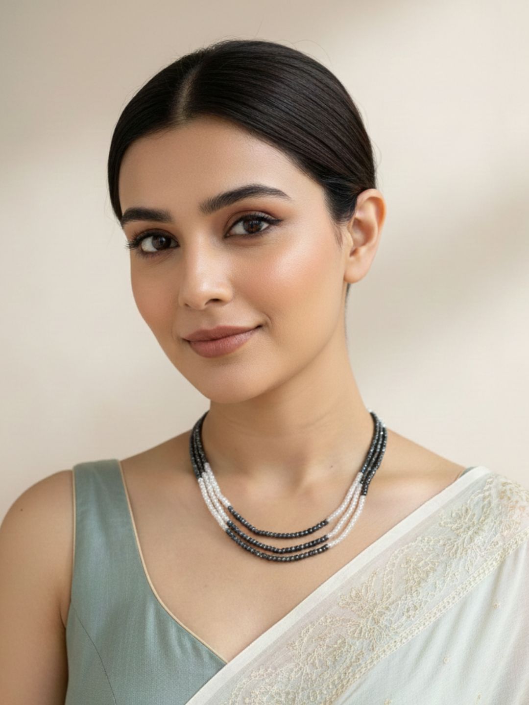 Semi Precious Black And White Cubic Zirconia Beads Necklace For Women