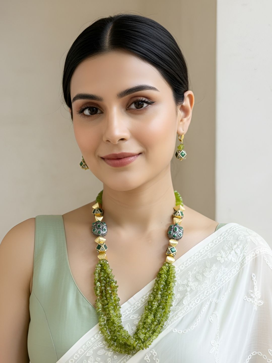 Designer Semi Precious Parrot Green Chips Peridot Beaded Necklace Set For Women