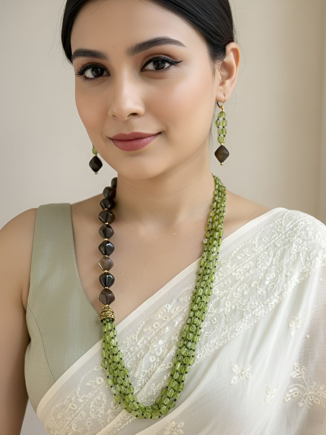 Semi Precious One Side Pattern Green Peridot Beaded Necklace Set - Elegant Gemstone Beads Jewelry