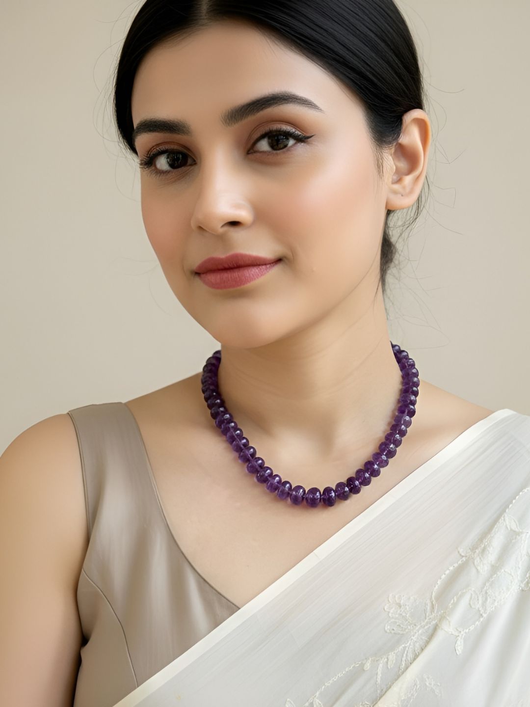 Semi Precious Rondelle Shape Natural Gemstone Amethyst Beaded Necklace For Women
