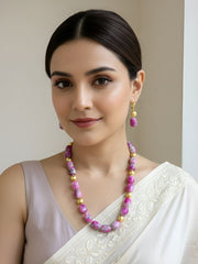 Semi Precious Chalcedony Stone Beaded Necklace Set - Indo Western Bead Necklace Set