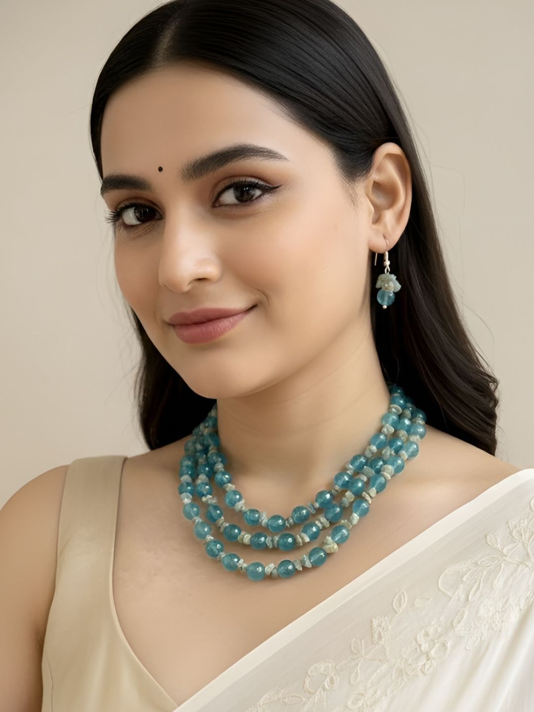 Semi Precious Layered Aqua Blue Gemstones Beaded Necklace Set For Women