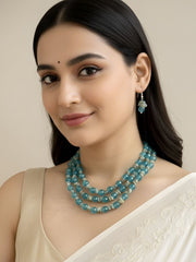 Semi Precious Layered Aqua Blue Gemstones Beaded Necklace Set For Women