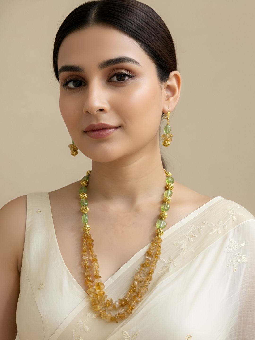 Ethnic Semi Precious Natural Citrine Beaded Necklace Set - Yellow Beads Necklaces For Women