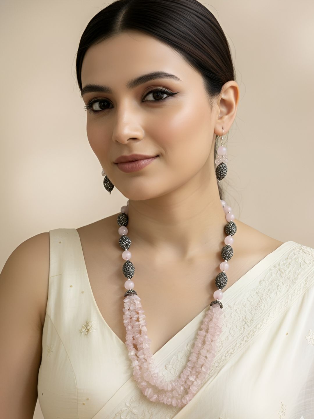 Elegant Semi Precious Rose Quartz Beaded Necklace Set - Pink Beads Jewelry Set For Women