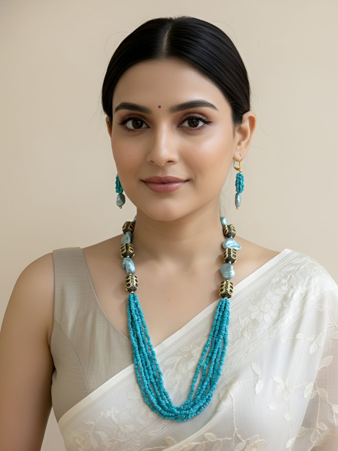 Semi Precious Gemstone Turquoise Beaded Jewelry Set - Blue Beads Necklace Set For Women