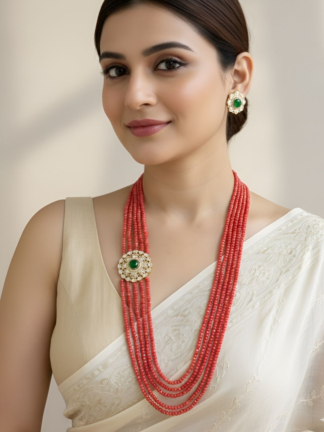 Multi Layered Gemstone Beads Necklace Set With Kundan Side Brooch - Beaded Jewelry Set