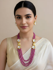 Semi Precious Magenta Beaded Necklace Set With Side Kundan Brooch By Gehna Shop