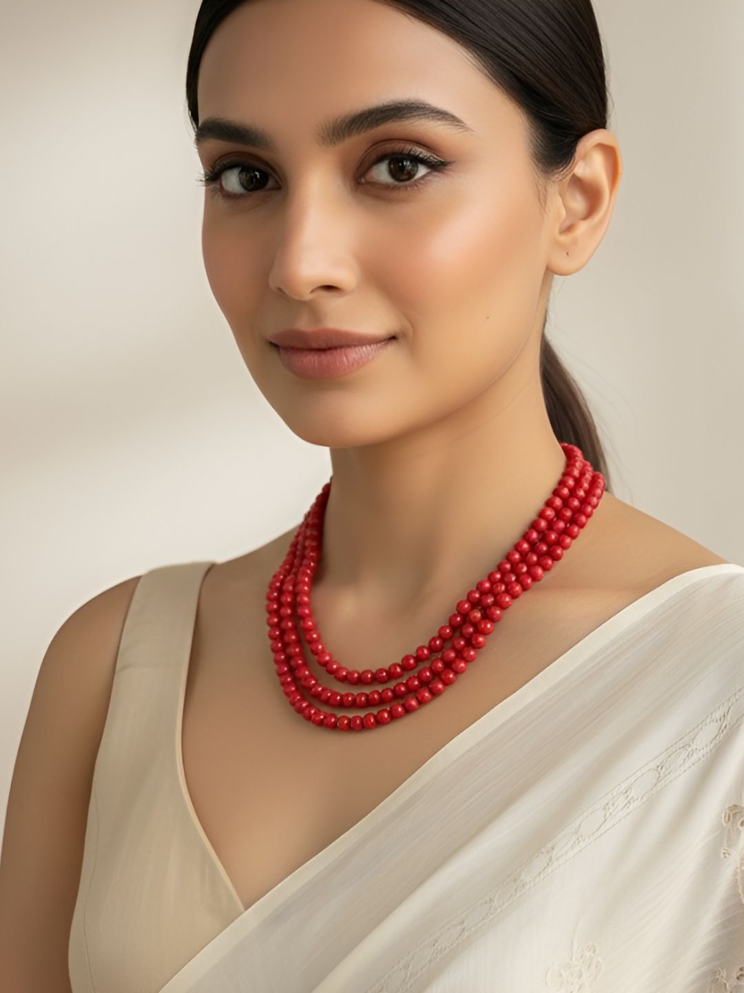 Handcrafted Semi-Precious Triple Layered Coral Red Beads Necklace Set by Gehna Shop