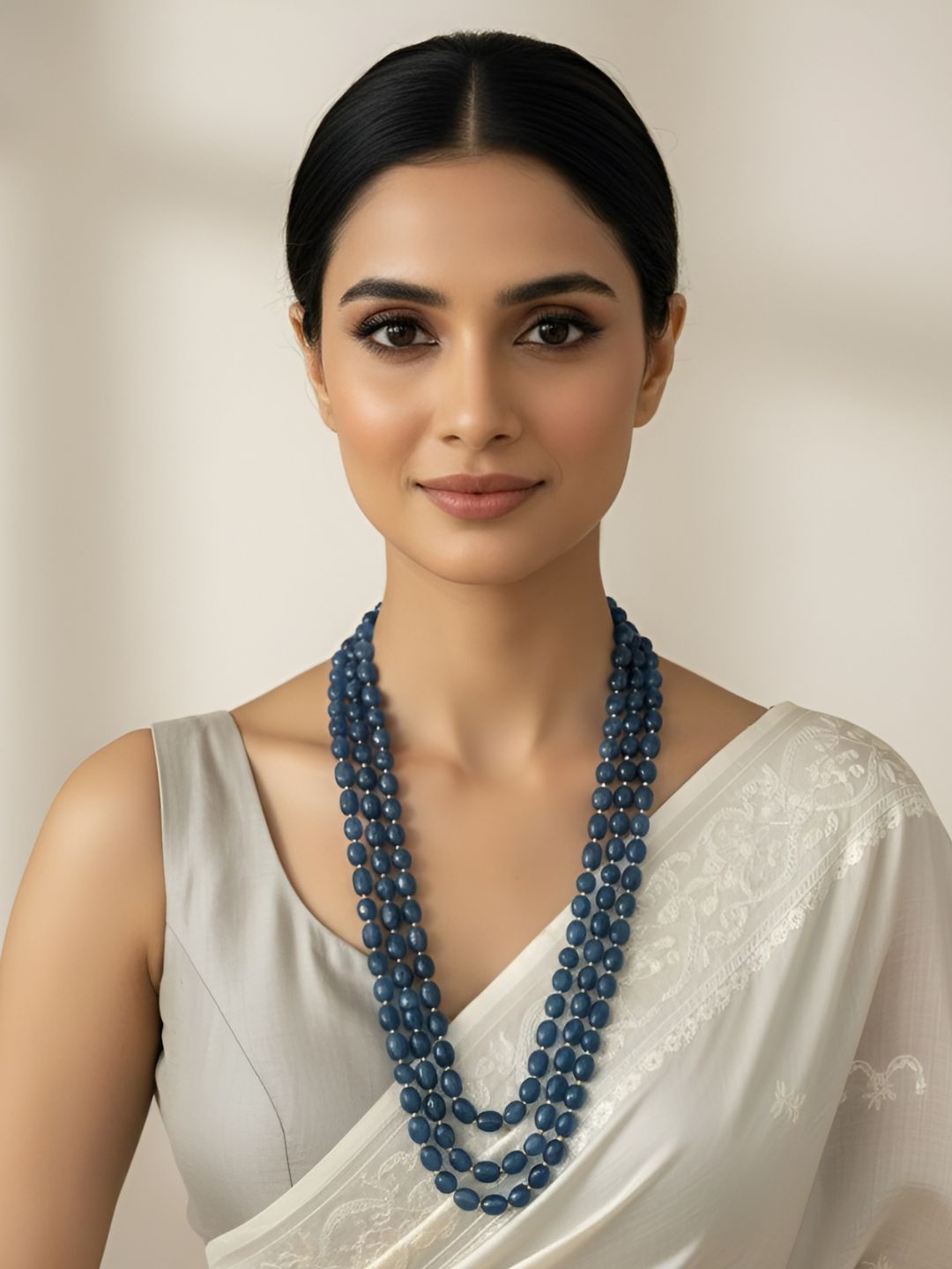 Unisex Semi-Precious Gemstone Triple-Layered Blue Jade Beads Necklace Set by Gehna Shop