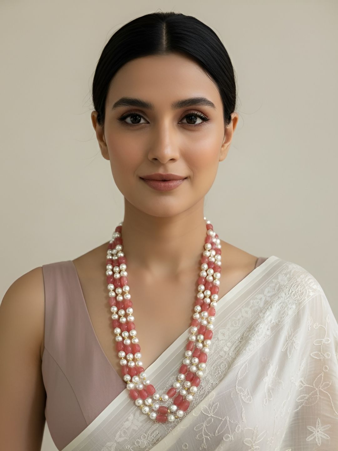 Semi-Precious Unisex Triple-Layered Long Pastel Peach Jade Beads Necklace Set by Gehna Shop