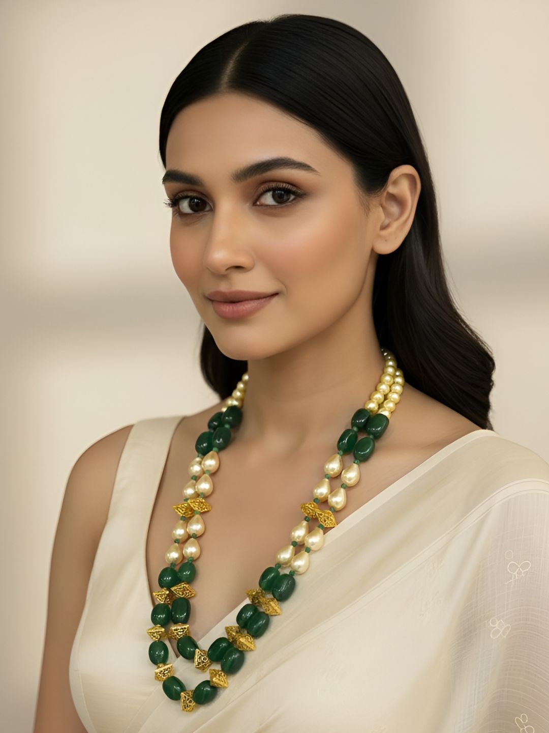 Contemporary Semi-Precious Long Shell Pearls and Gemstone Beads Necklace – Green & Maroon by Gehna Shop
