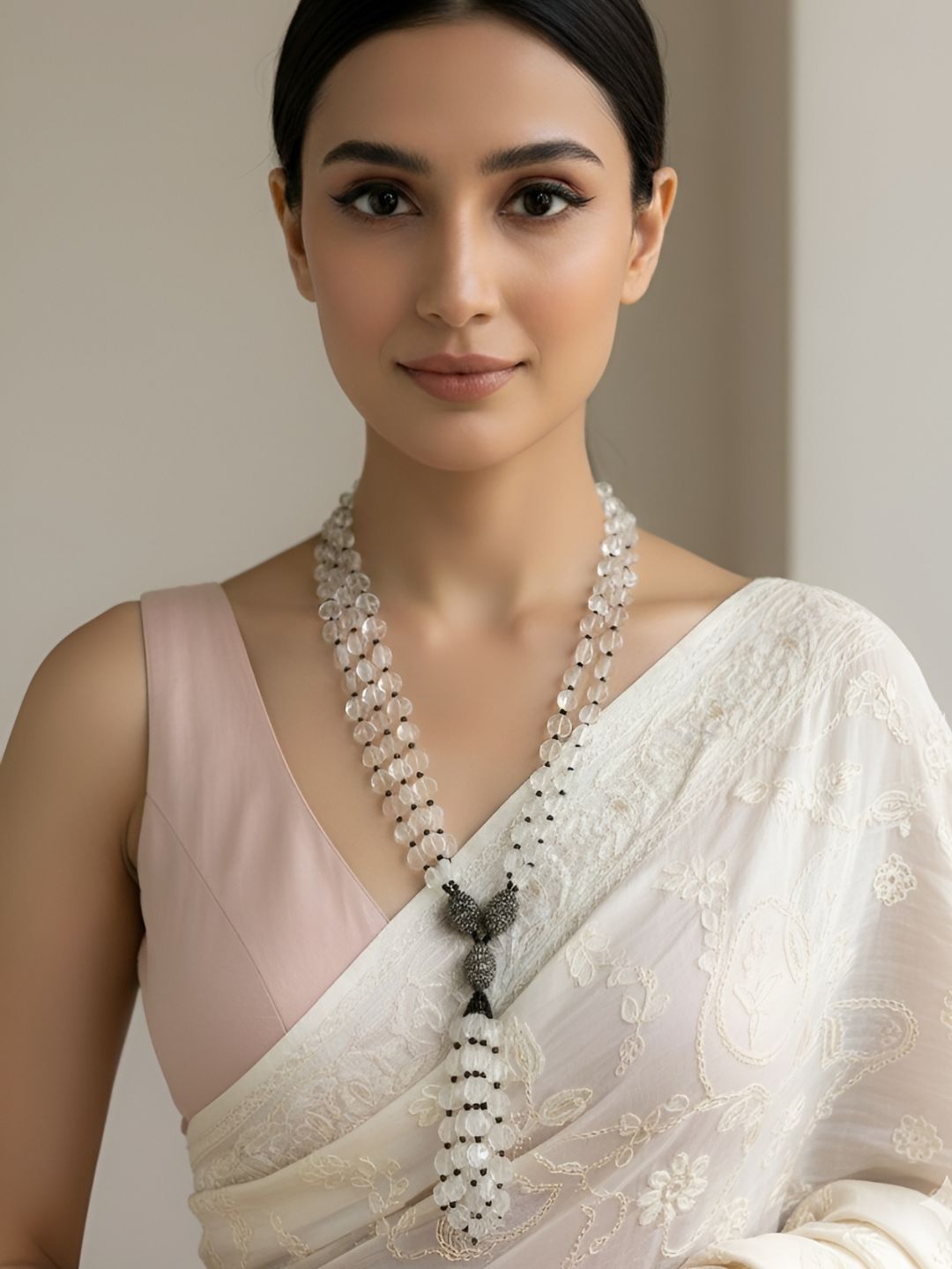 Designer Natural Long Rock Crystal Beaded Necklace Set With Tassels for Women by Gehna Shop