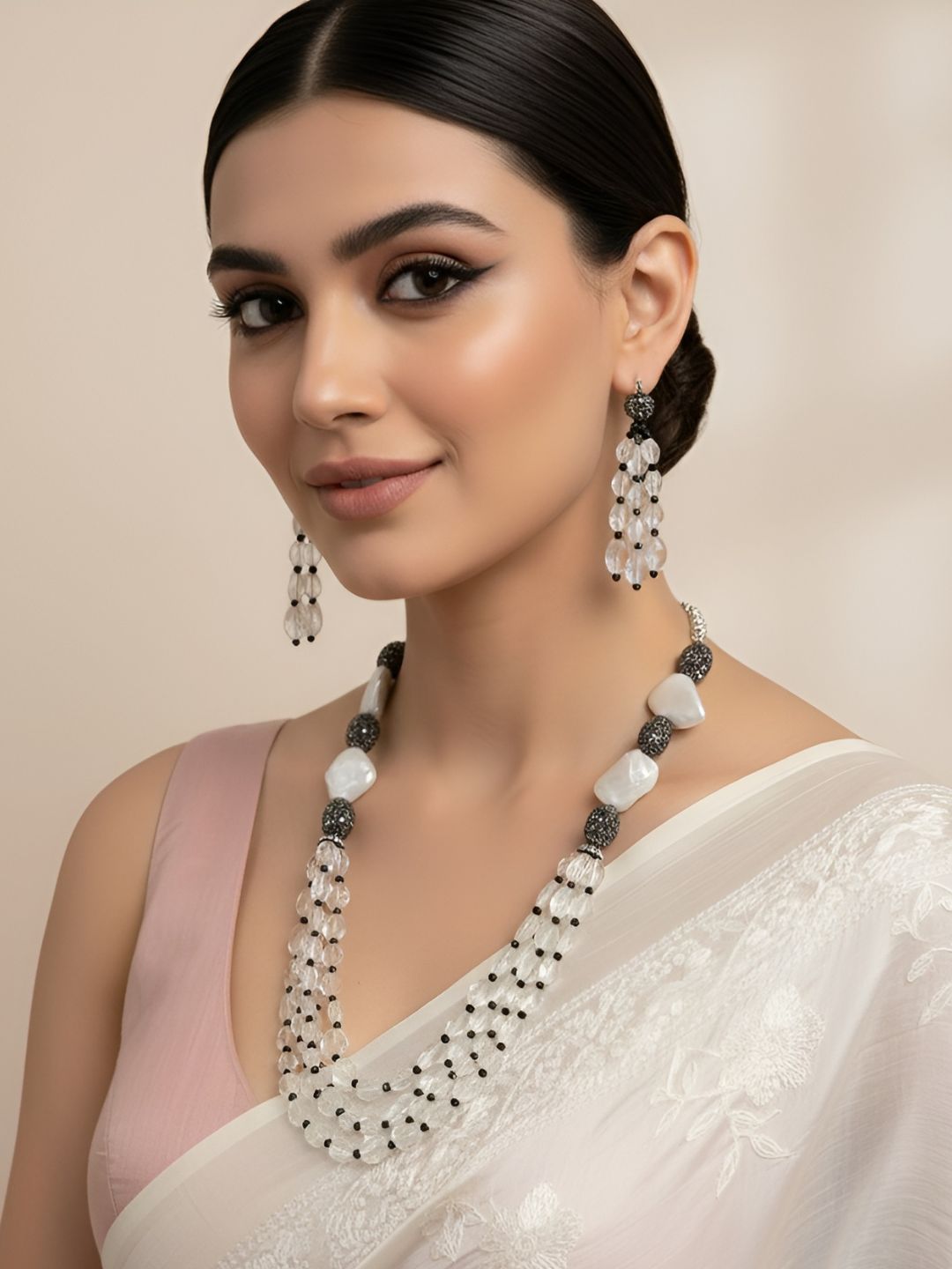 Fancy Pearls and Natural Rock Crystal Beads Jewellery Necklace Set Semi-Precious Tumble Shaped Beads Necklace Set by Gehna Shop