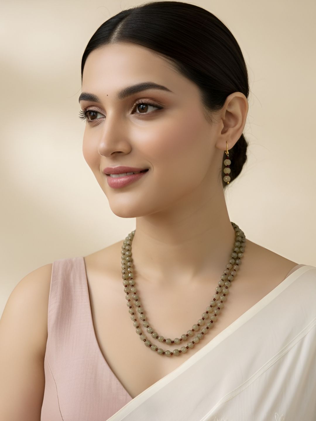 Double Layered Gemstone Jade Pastel Green Watermelon Beads Necklace For Women