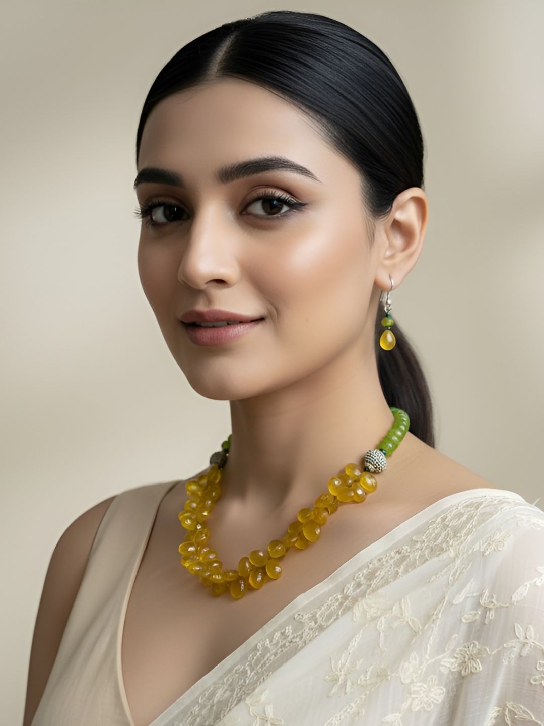 Designer Natural Yellow Onyx Faceted Almond Shaped Beaded Necklace Set For Women