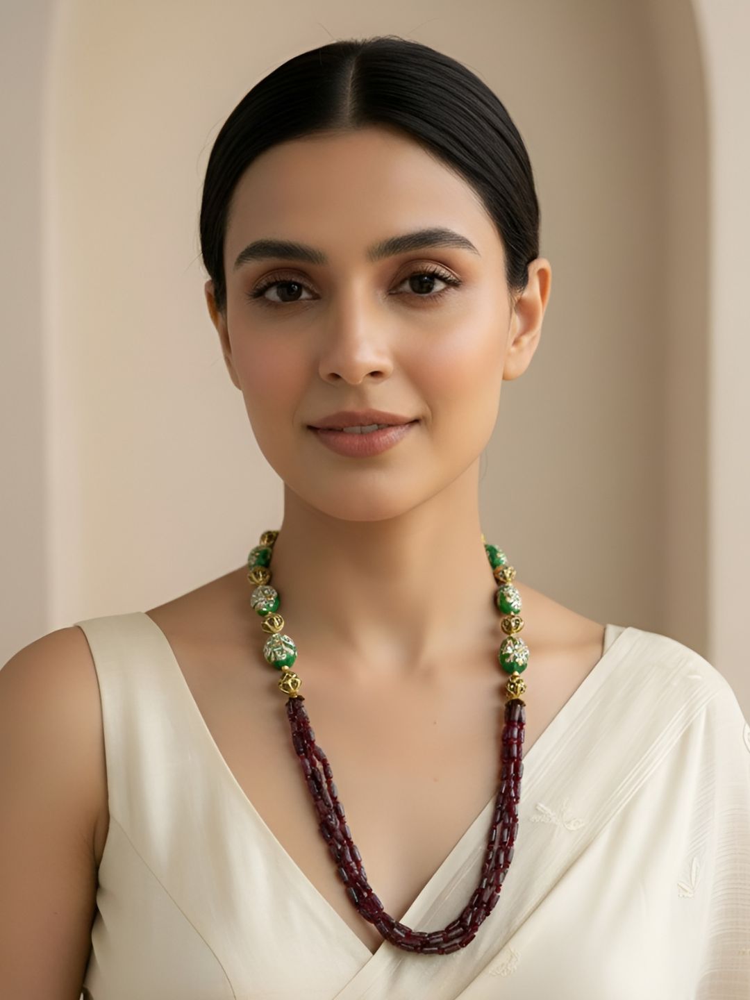 Elegant Green Tanjore And Garnet Gemstone Beaded Necklace Set For Women