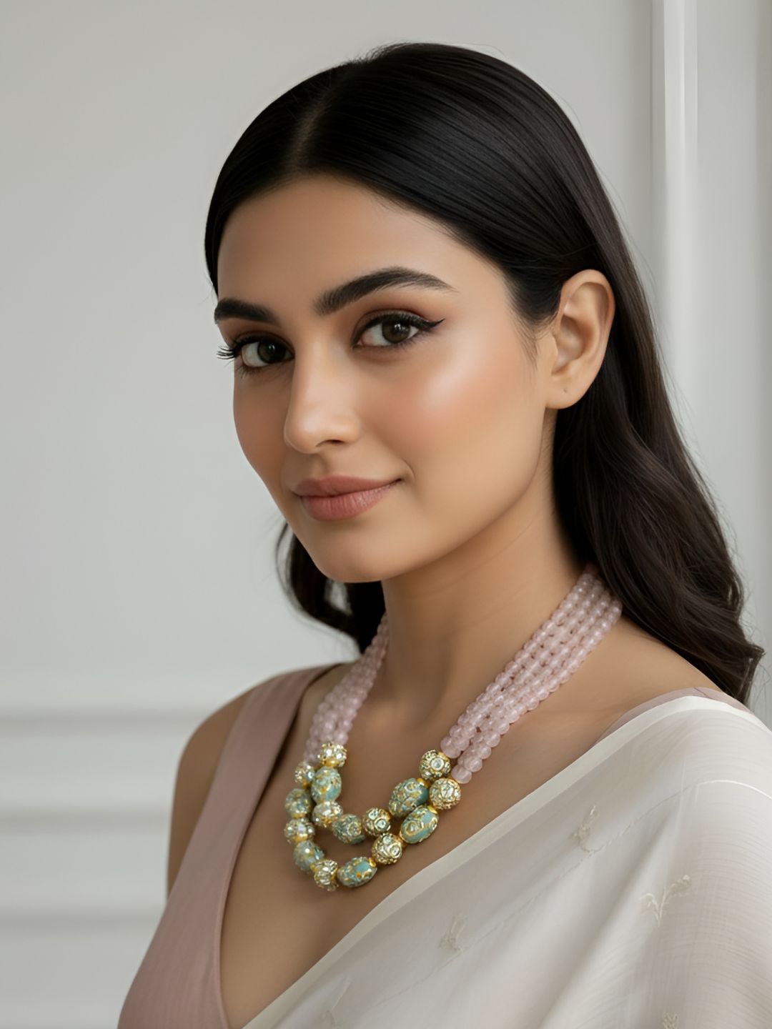 Elegant Multi Layered Tanjore And Rose Quartz Beaded Jewellery Set