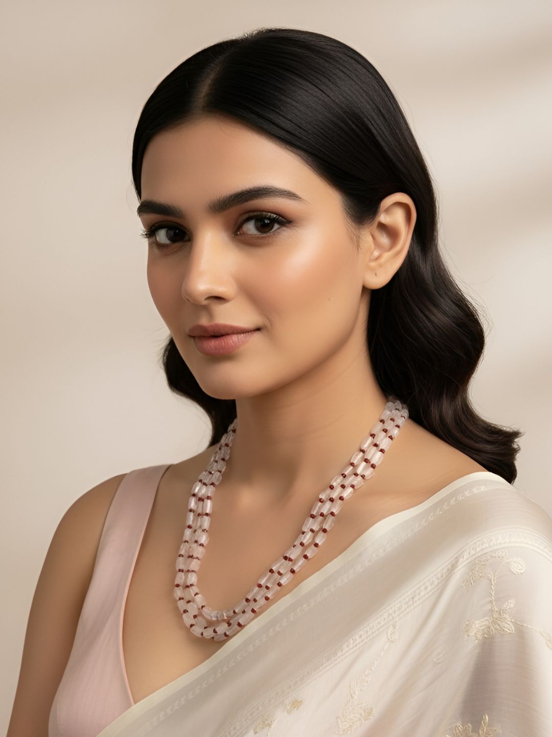 Semi Precious Gemstone Layered Rose Quartz Beaded Necklace Set