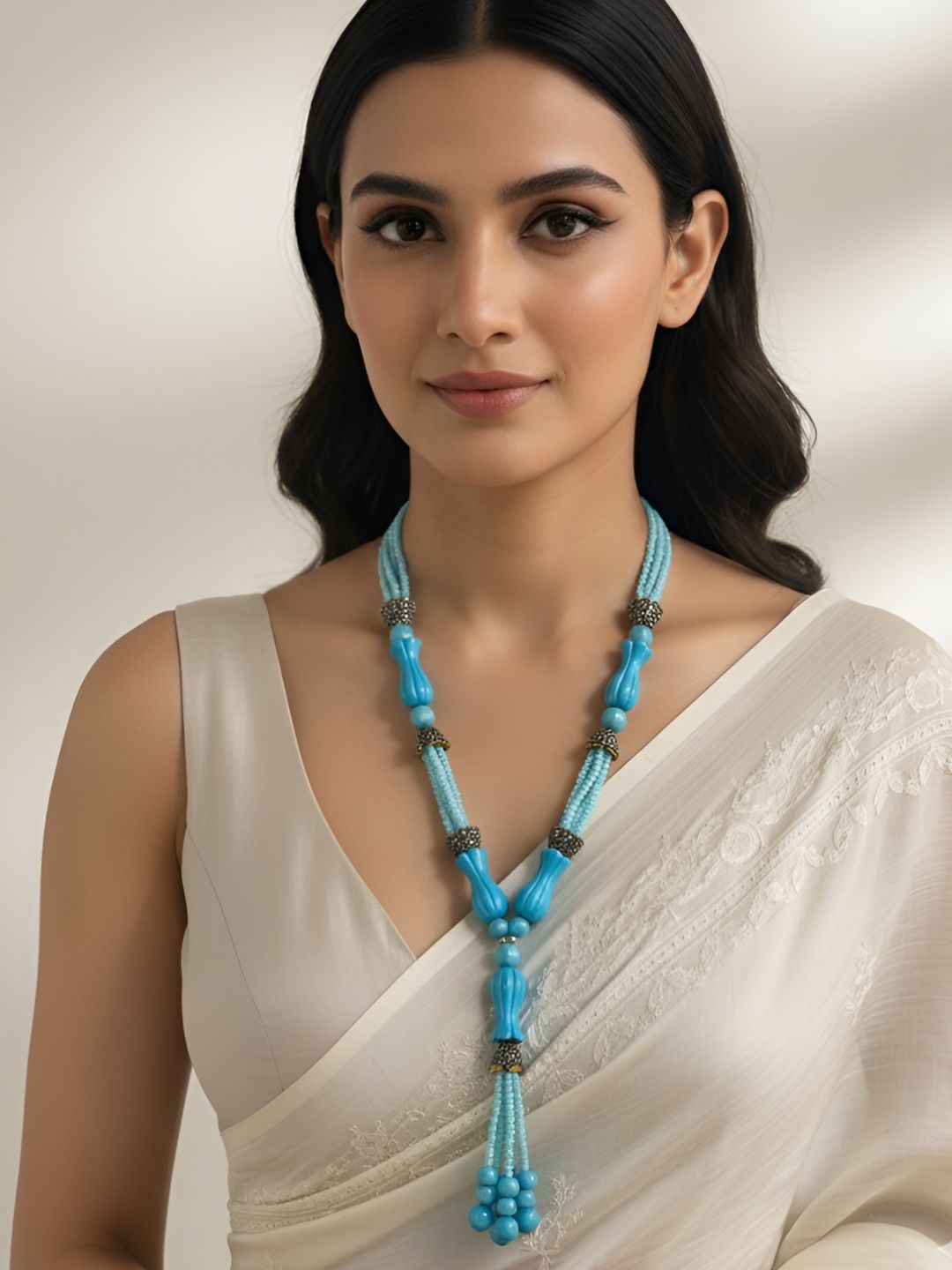 Designer Long Sky Blue Turquoise Beaded Jewellery Necklace Set For Women