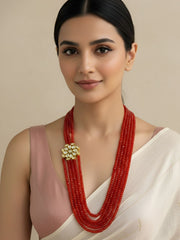 Semi Precious Bright Orange Beads And Kundan Side Brooch Necklace Set For Women