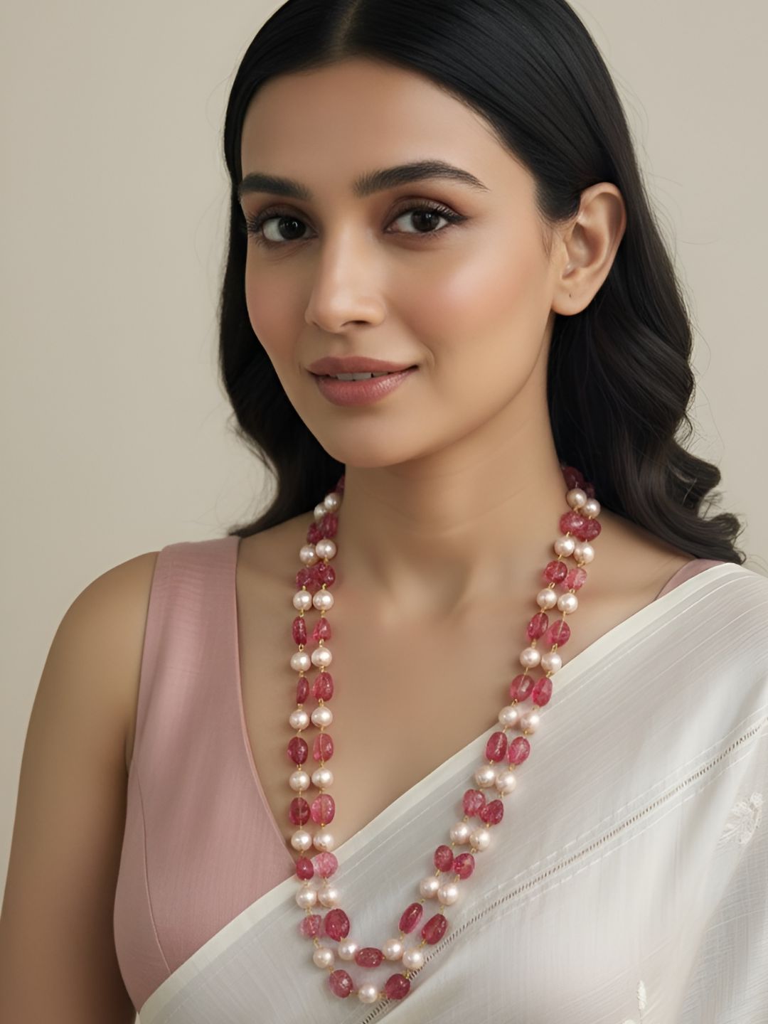 Semi Precious Double Layer Long Pink Tourmaline Beaded Necklace