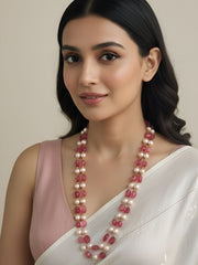 Semi Precious Double Layer Long Pink Tourmaline Beaded Necklace