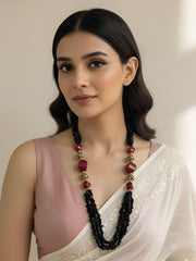 Designer Semi Precious Multi Layer Long Black Onyx Uncut Beaded Necklace Set