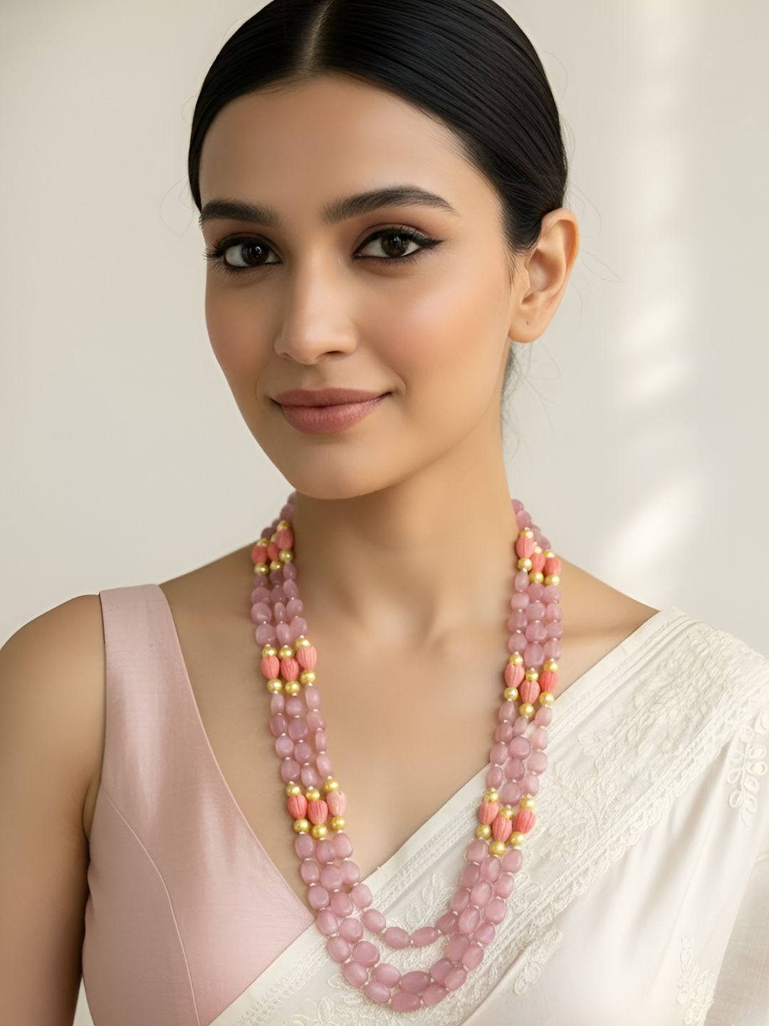 Triple Layered Monalisa Beads Necklace With Tulip Flowers -Beaded Jewellery