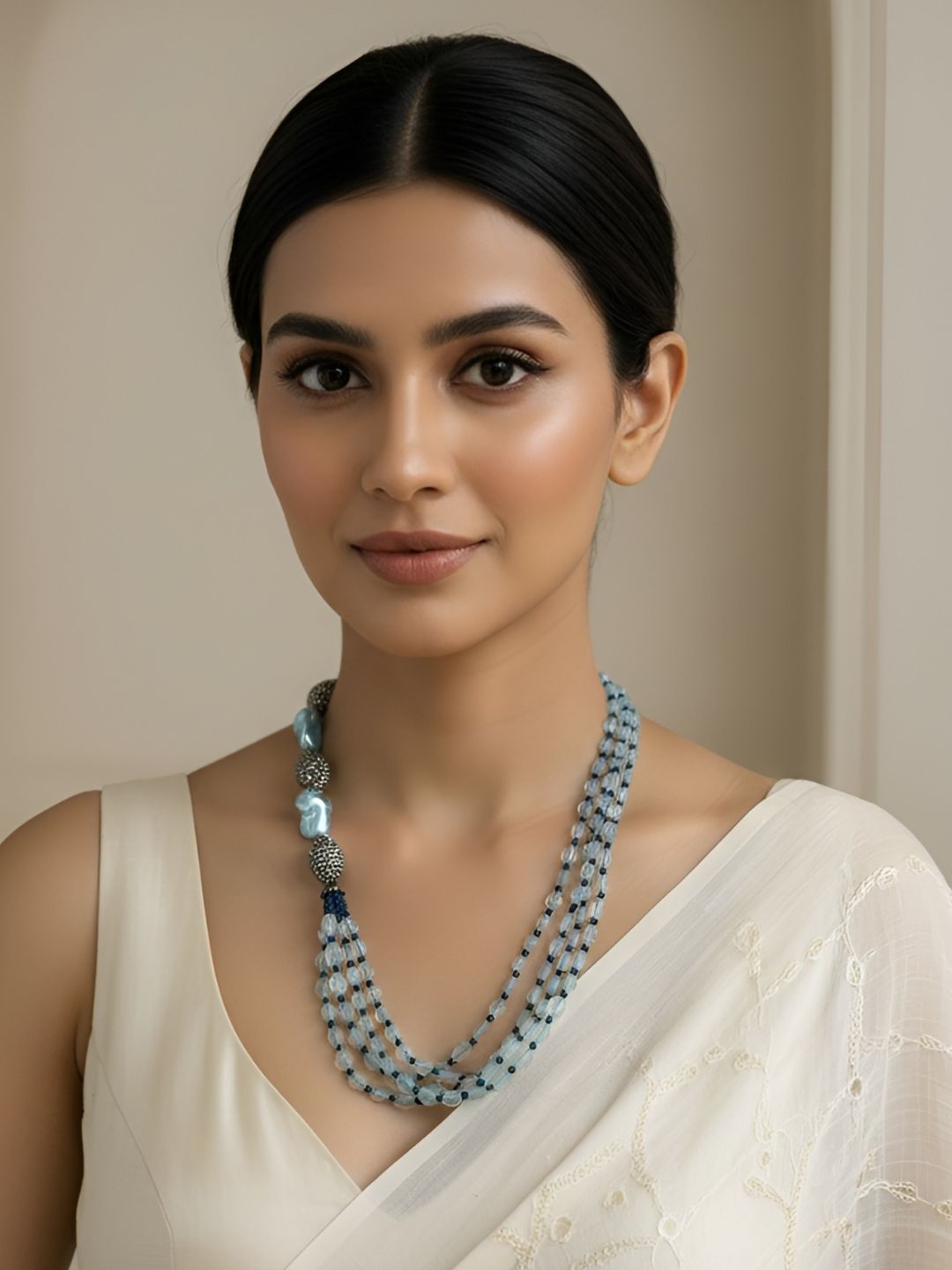 Designer Multi Layered Blue Beaded Jewellery Necklace Set - Gemstone Jewelry