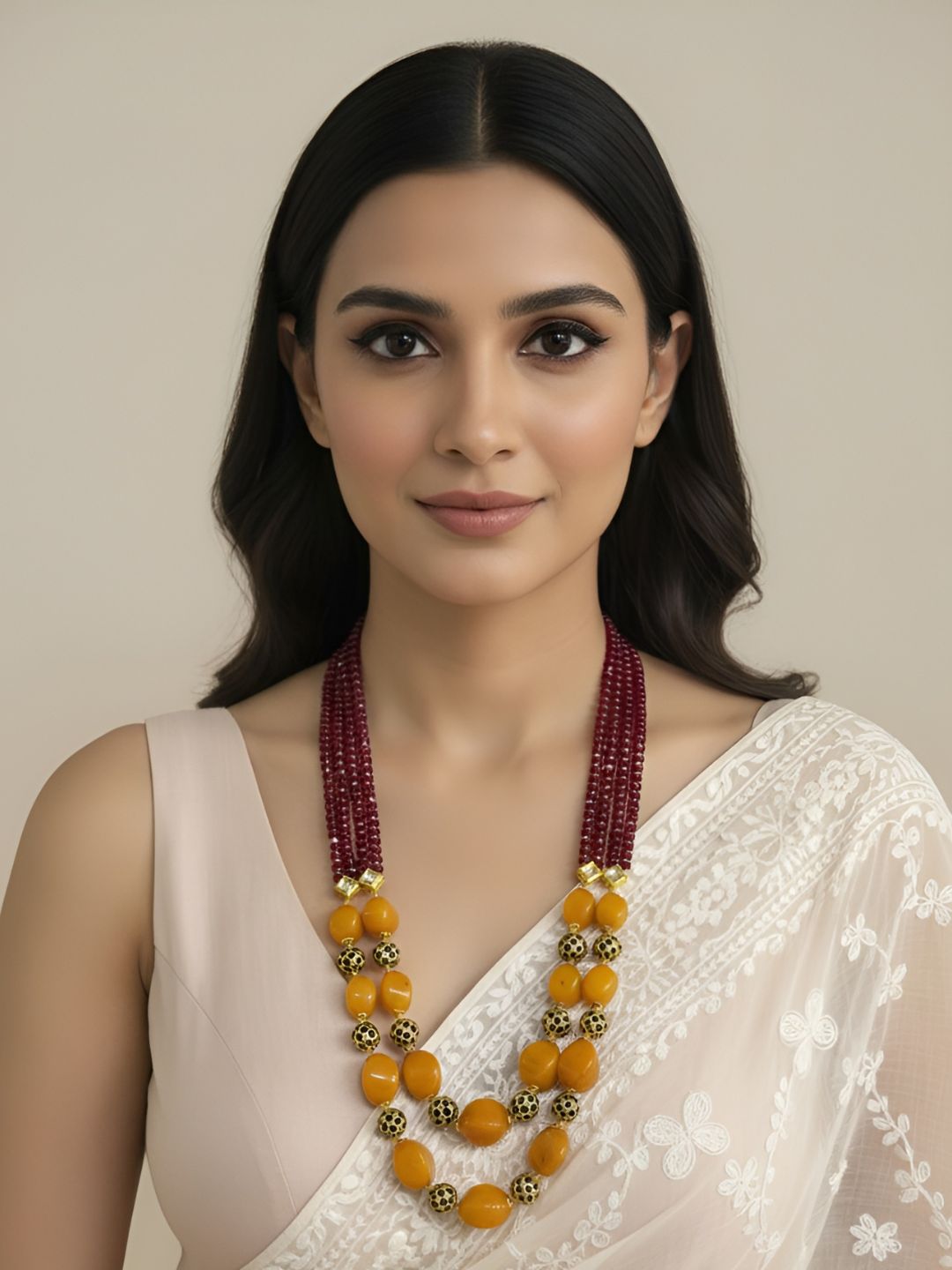 Designer Handcrafted Long Semi Precious Yellow Beads Necklace | Beaded Jewellery