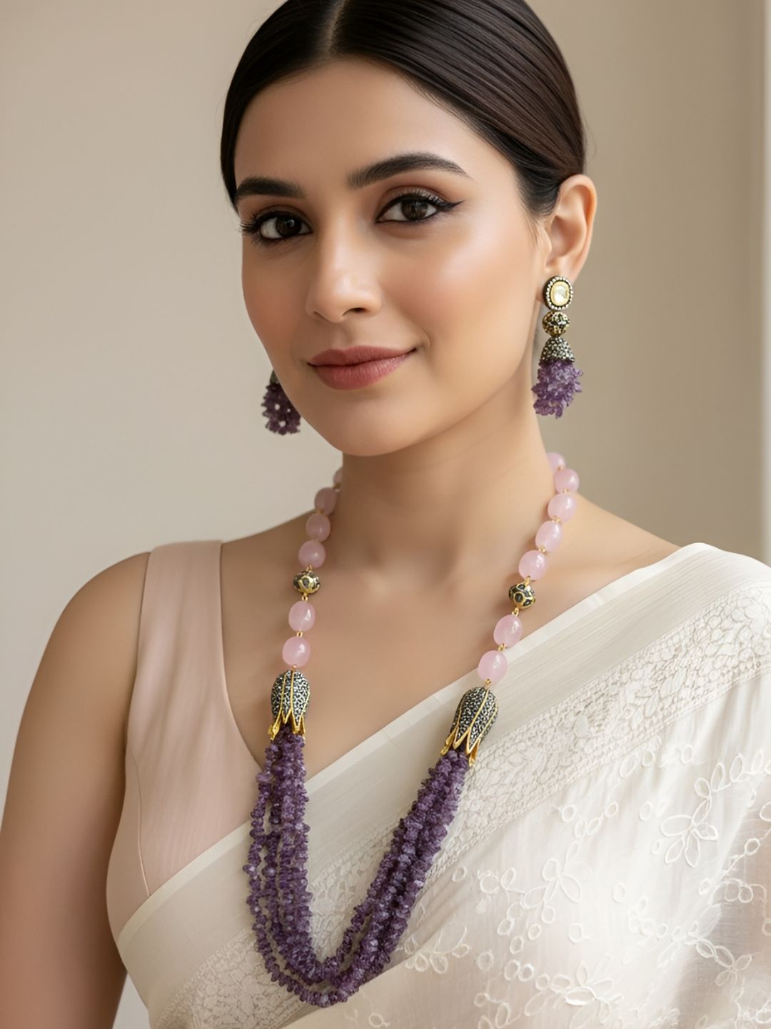 Designer Handcrafted Uncut Amethyst And Rose Quartz Beads Jewellery Set