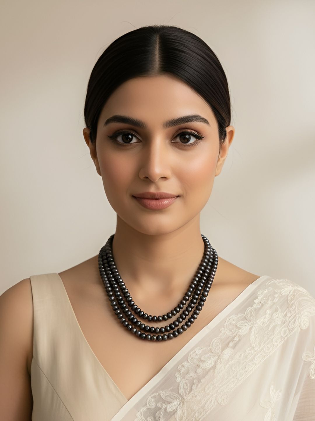 Fresh Water Triple Layer Black Pearls Beads Necklace