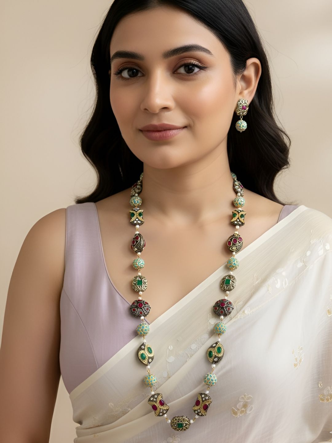 Handcrafted Long Jadau Beads Multi Color Beaded Necklace Set For Ethnic Wear