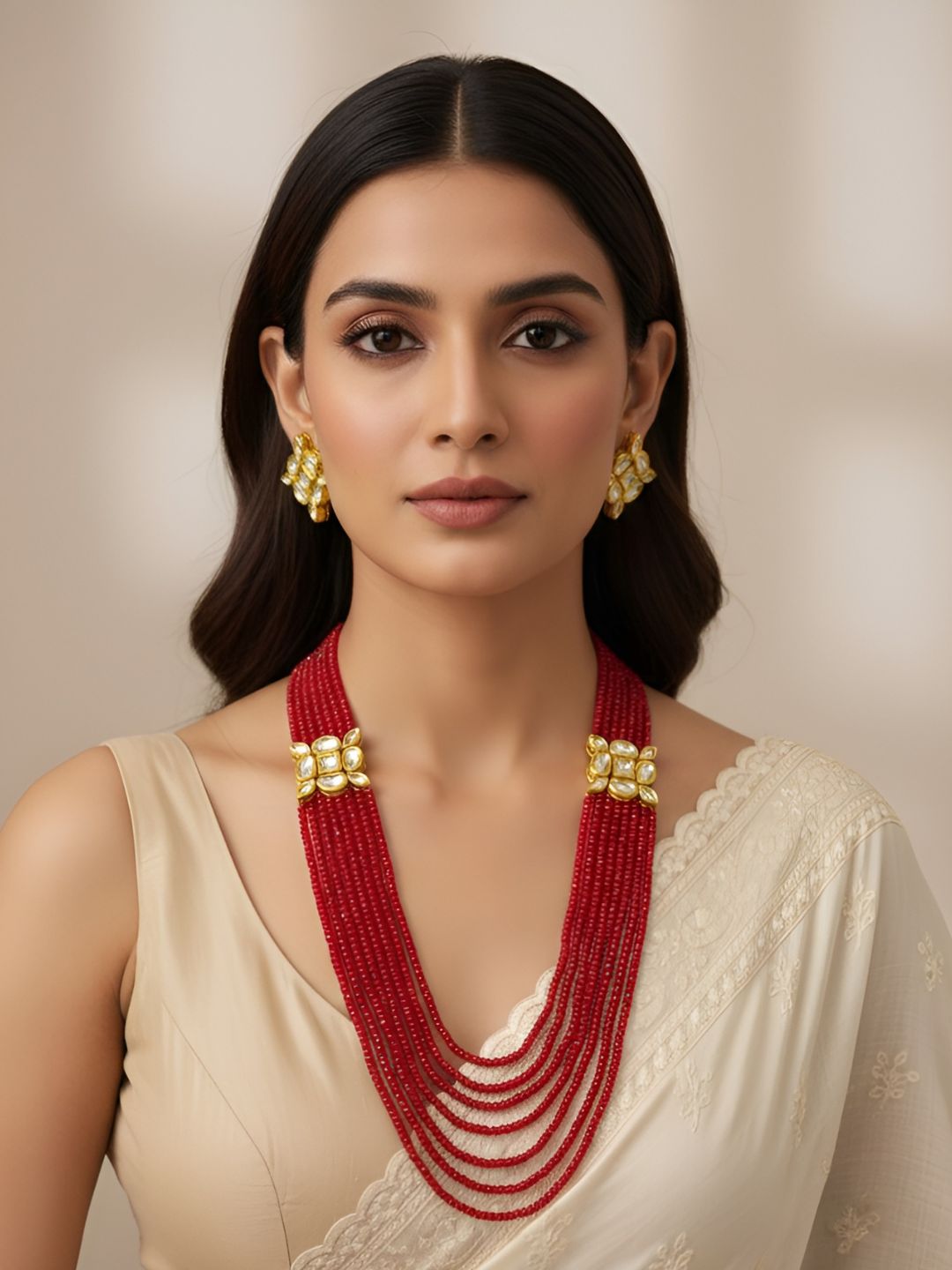 Multilayred Long Red Crystal Beads Necklace With Kundan Brooches