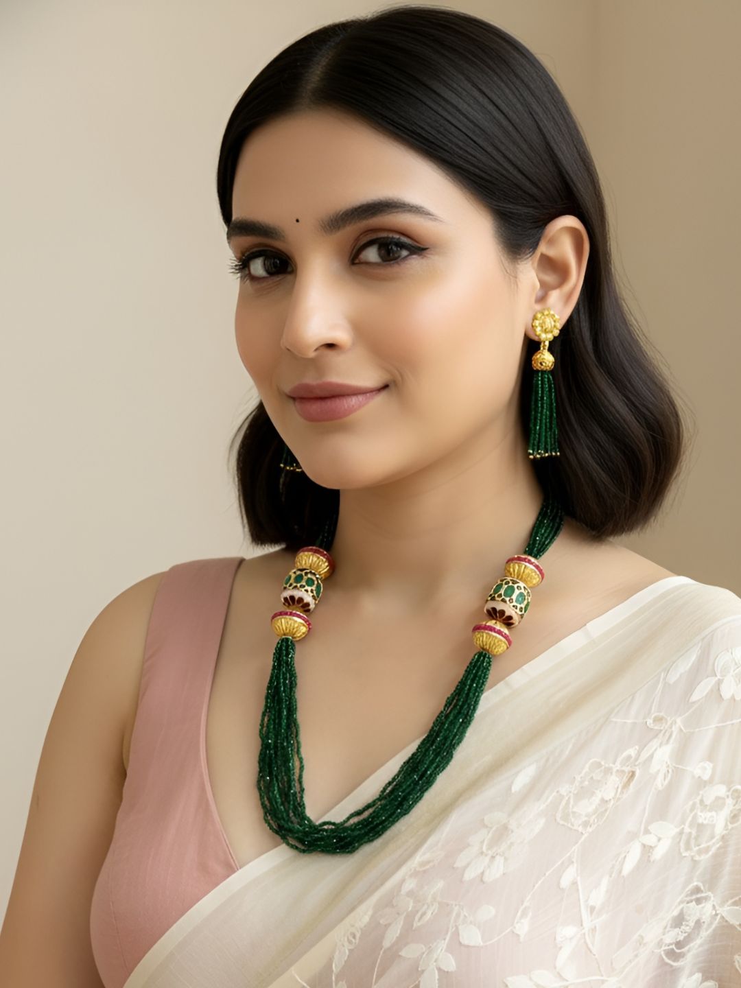 Designer Handcrafted Multilayered Hydro Green Crystal Beads Necklace Set For Women