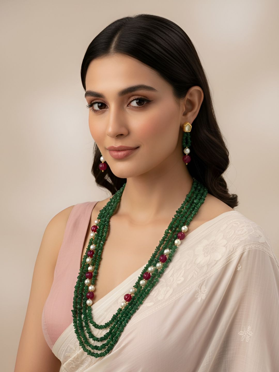 Semi Precious Multilayered Long Green Jade Chips Beaded Necklace For Women