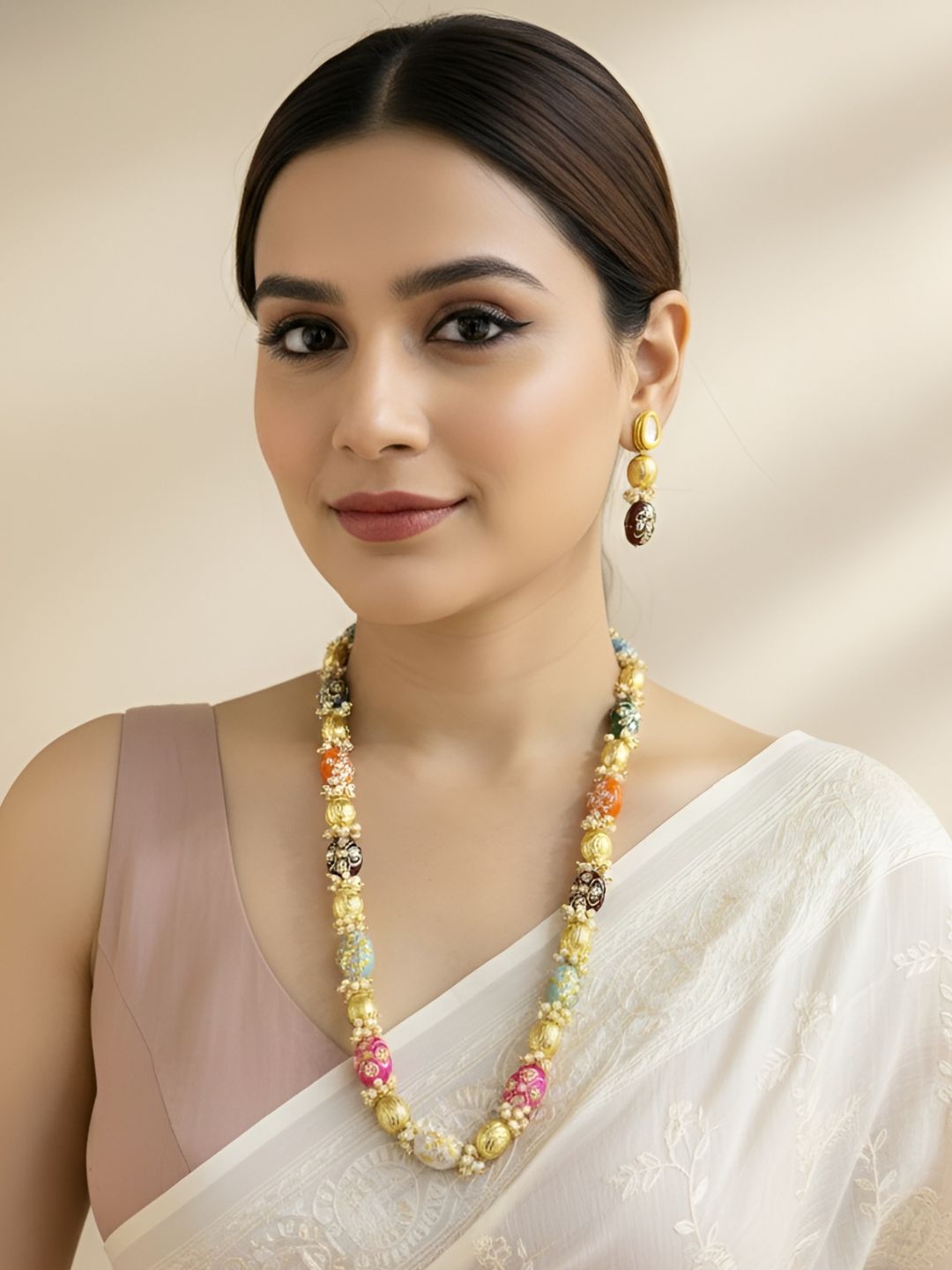 Designer Multi Color Tanjore Painted And Pearls Beaded Necklace Set - Festive Wear Beads Jewelry