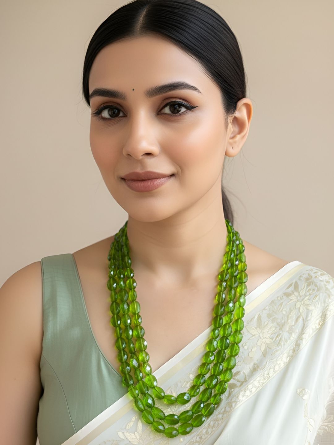 Elegant Semi Precious Triple Layered Green Quartz Faceted Beaded Necklace For Women