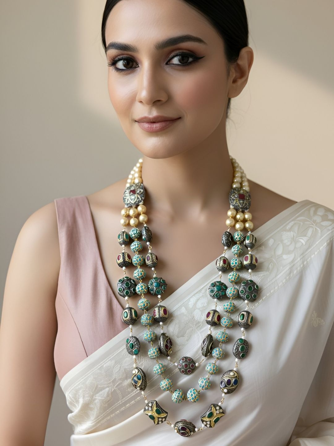 Unisex Layered Multi Color Jaipuri Jadau Beads Necklace For Wedding And Festive Wear